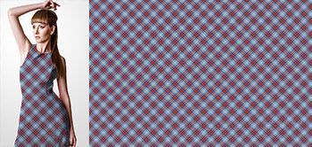 25024v Materiał ze wzorem kolorowa krata w odcieniach niebieskiego z czerwonymi i żółtymi detalami